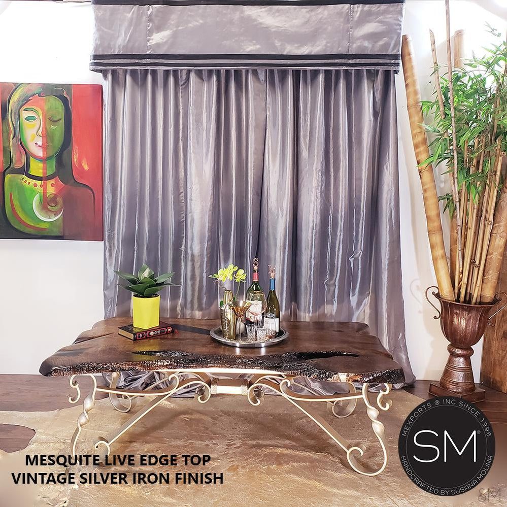 Mexports by Susana Molina 1212AAM 60" Mesquite Wood Top Live Edge Gold Citrine Inlay Rectangular Coffee Table