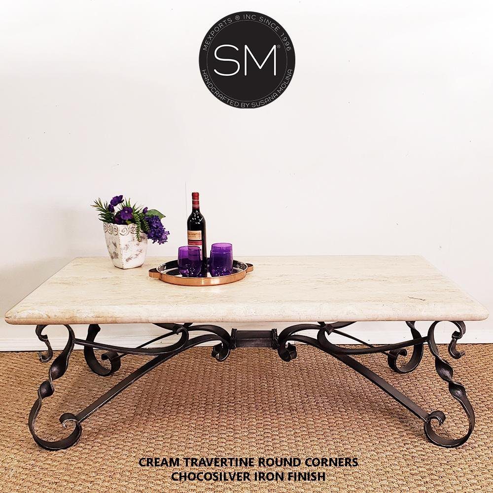 Mexports by Susana Molina 1212AAT 60" Cream Travertine Bullnose Edge Rectangular Coffee Table With Scroll Legs