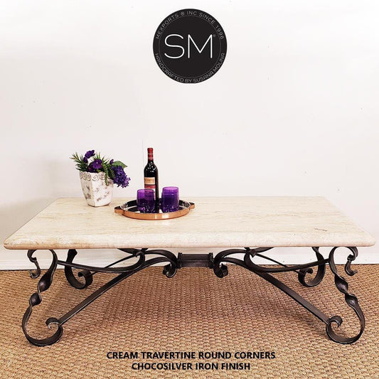 Mexports by Susana Molina 1212AAT 60" Cream Travertine Bullnose Edge Rectangular Coffee Table With Scroll Legs