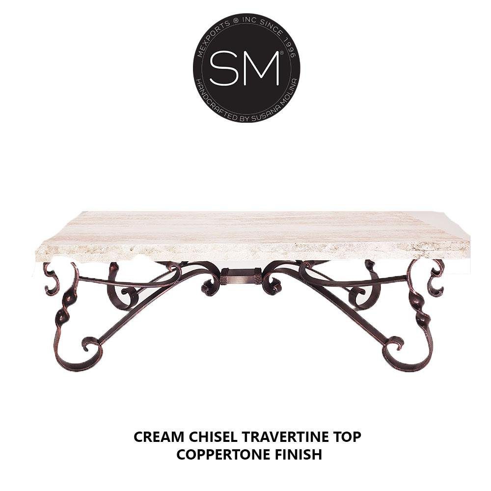Mexports by Susana Molina 1212AAT 60" Cream Travertine Chisel Edge Rectangular Coffee Table With Scroll Legs