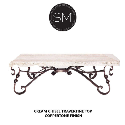 Mexports by Susana Molina 1212AAT 60" Cream Travertine Chisel Edge Rectangular Coffee Table With Scroll Legs