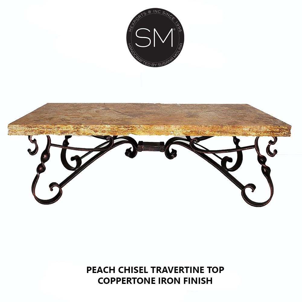 Mexports by Susana Molina 1212AAT 60" Peach Travertine Chisel Edge Rectangular Coffee Table With Scroll Legs