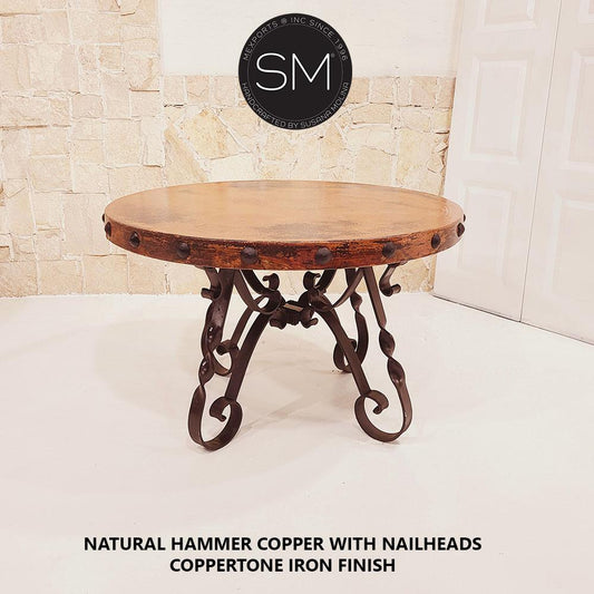 Mexports by Susana Molina 1212DC 48" Natural Hammer Copper With Nailheads on Edge Unique Round Dining Table