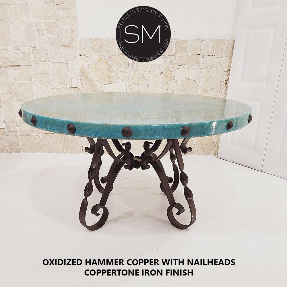 Mexports by Susana Molina 1212DC 60" Oxidized Hammer Copper With Nailheads on Edge Unique Round Dining Table