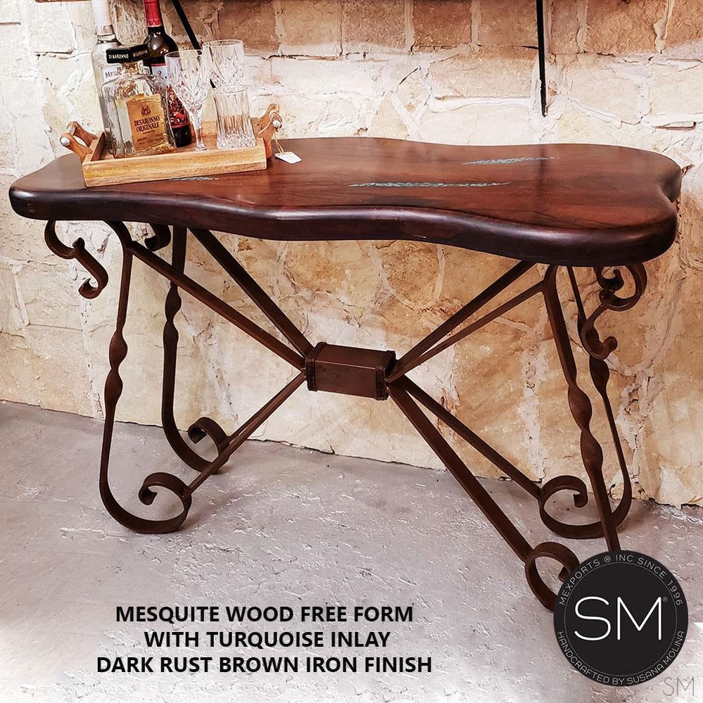 Mexports by Susana Molina 1212FM 52" Mesquite Wood Top Free Form Edge Hammer Copper Inlay Console Table
