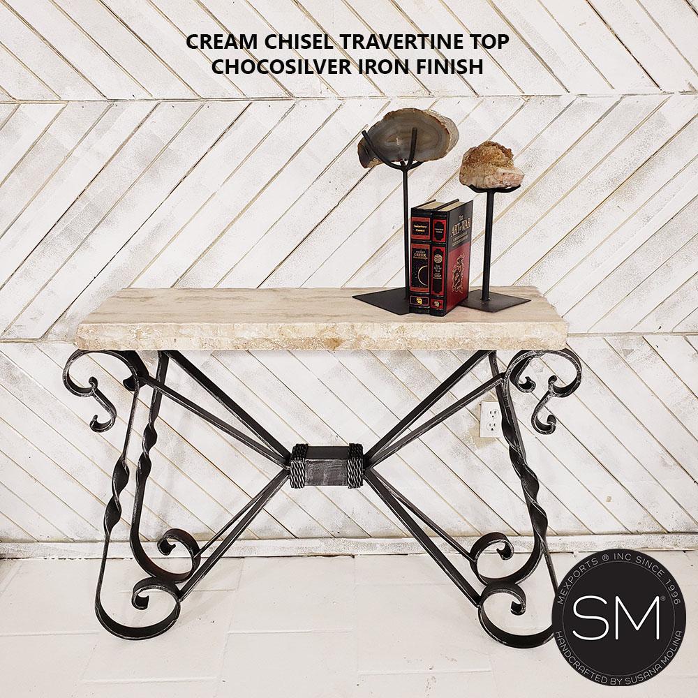 Mexports by Susana Molina 1212FT 44" Cream Travertine Chiseled Edge Rectangular Console Table