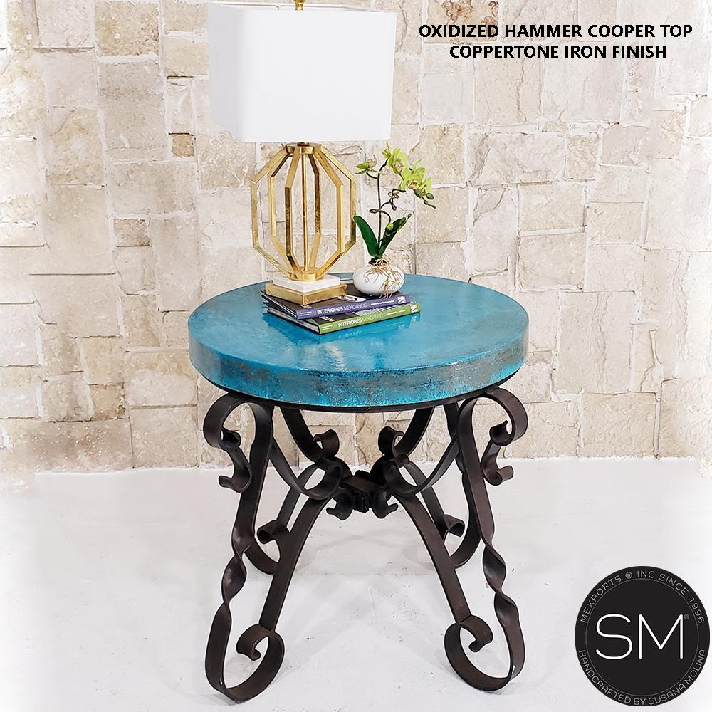 Mexports by Susana Molina 1212LC 31" Oxidized Hammered Copper With Nailheads on Edge Round Side Table With Iron Base