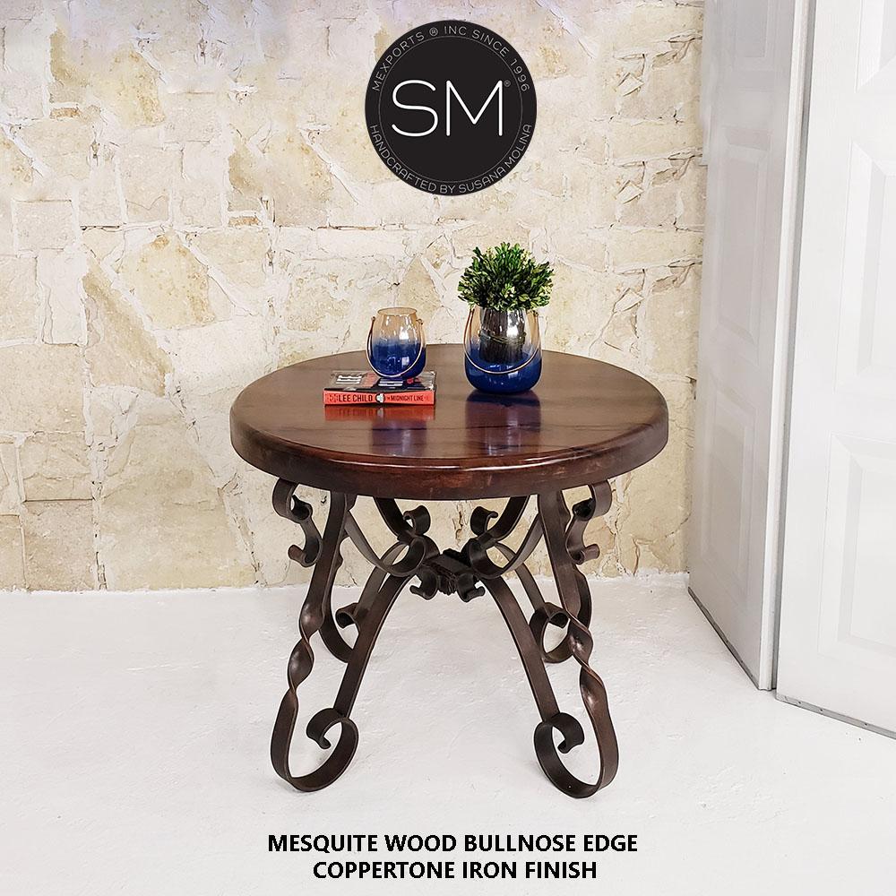 Mexports by Susana Molina 1212LM 38" Mesquite Wood Gold Citrine Inlay With Nailheads on Edge Round Side Table With Iron Base