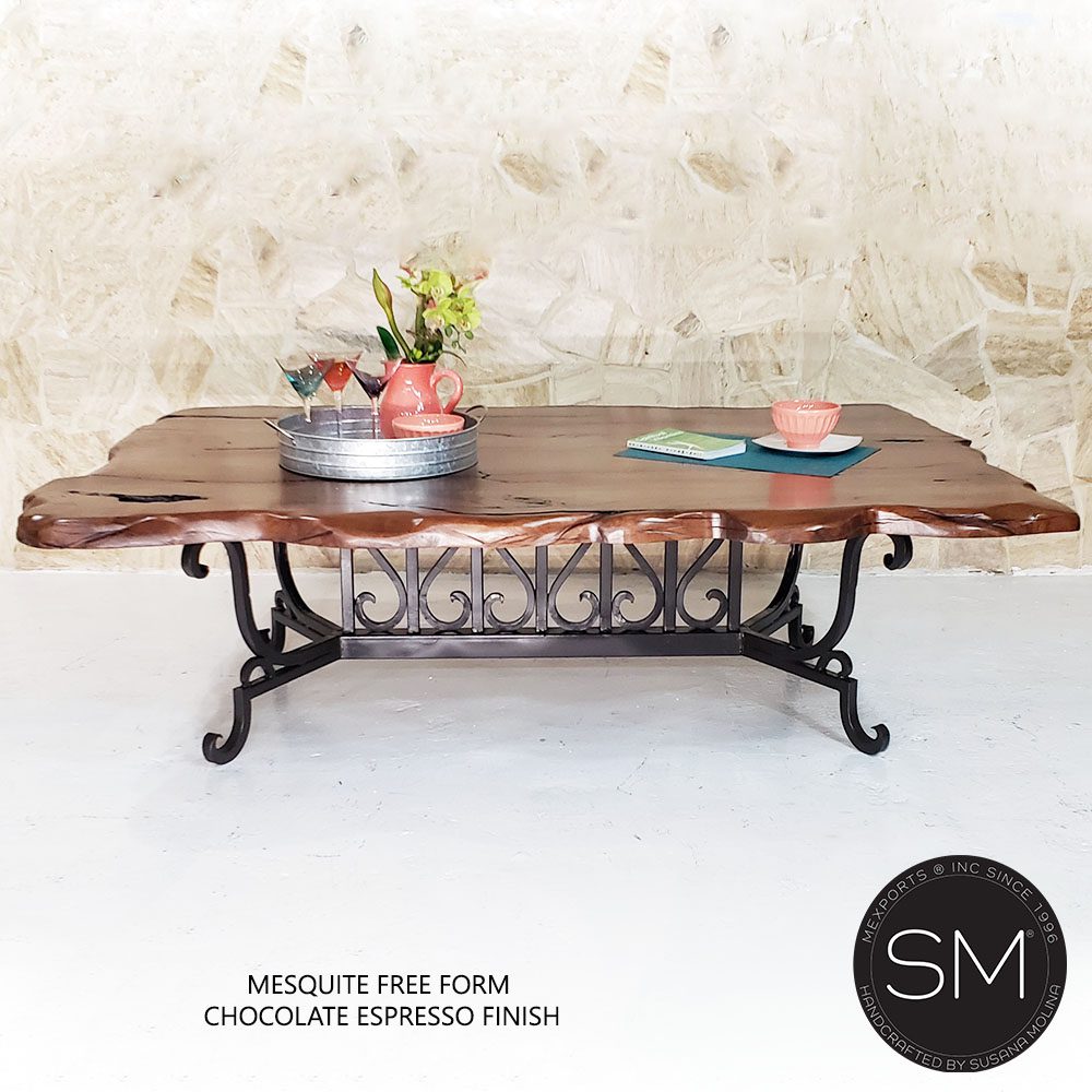 Mexports by Susana Molina 1213AAM 60" Mesquite Wood Top Live Edge Hammer Copper Inlay Rectangular Coffee Table