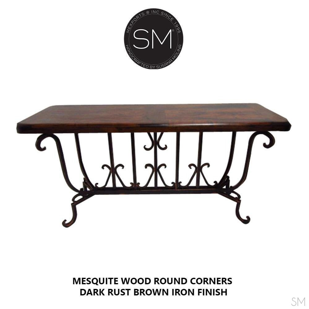 Mexports by Susana Molina 1213CM 72" Mesquite Wood Top Rounded Corners Red Coral Inlay With Nailheads on Edge Rectangular Console Table