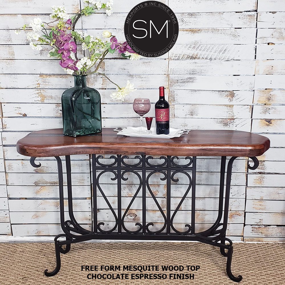 Mexports by Susana Molina 1213FM 44" Mesquite Wood Top Beveled Edge Gold Citrine Inlay Rectangular Console Table