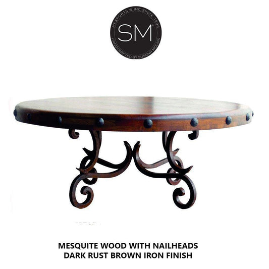 Mexports by Susana Molina 1215AAAM 38" Mesquite Wood Top Bullnose Edge Hammer Copper Inlay Round Coffee Table With Nailheads on Edge