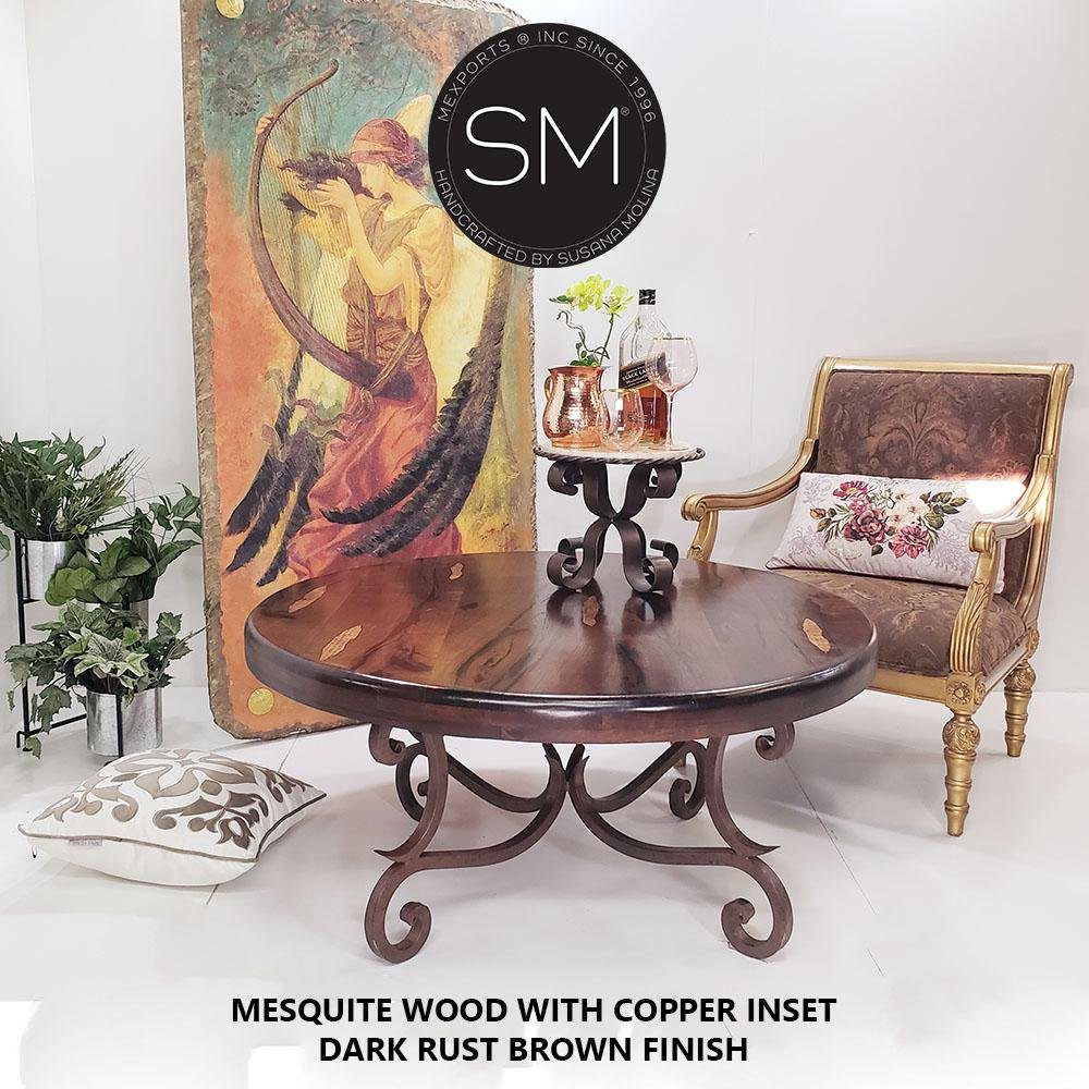 Mexports by Susana Molina 1215AAAM 38" Mesquite Wood Top Bullnose Edge Hammer Copper Inlay Round Coffee Table