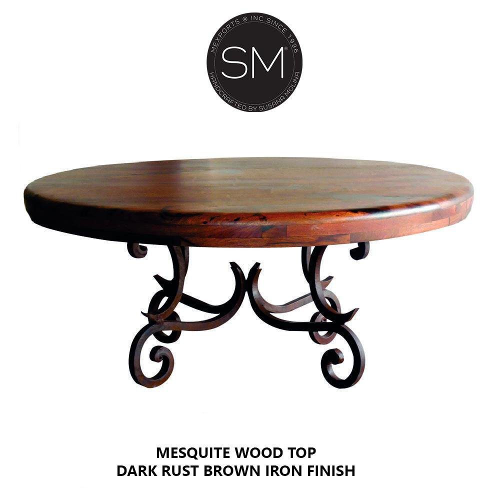 Mexports by Susana Molina 1215AAAM 48" Mesquite Wood Top Bullnose Edge Red Coral Inlay Round Coffee Table