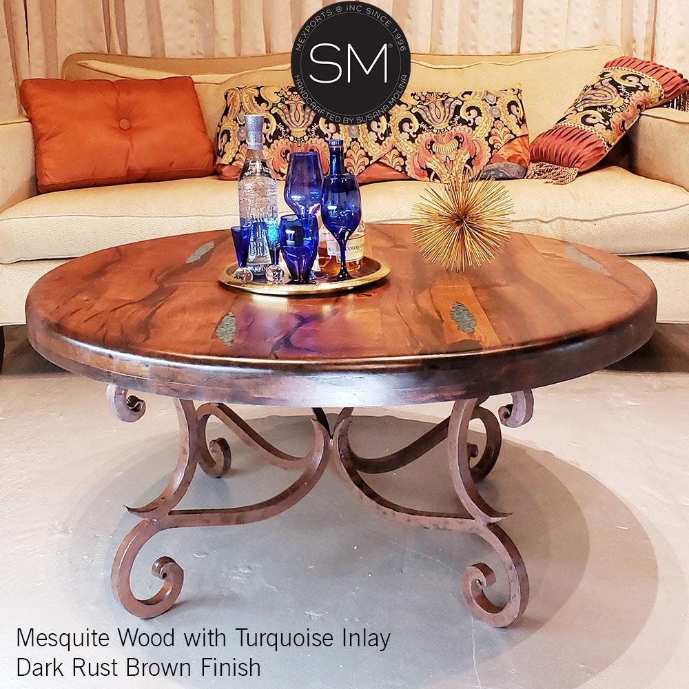 Mexports by Susana Molina 1215AAAM 48" Mesquite Wood Top Bullnose Edge Turquoise Inlay Round Coffee Table