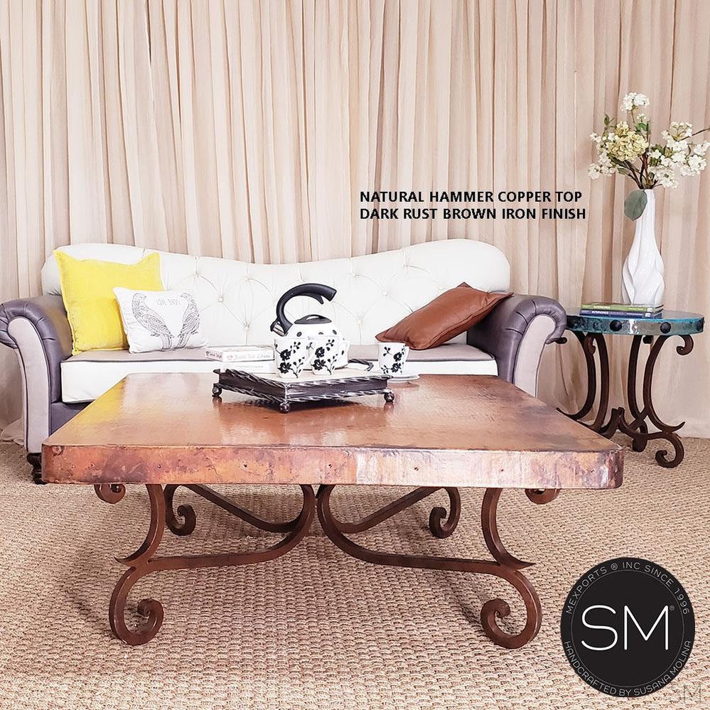 Mexports by Susana Molina 1215AC 48" Natural Hammered Copper Top With Nailheads on Edge Rustic Square Coffee Table
