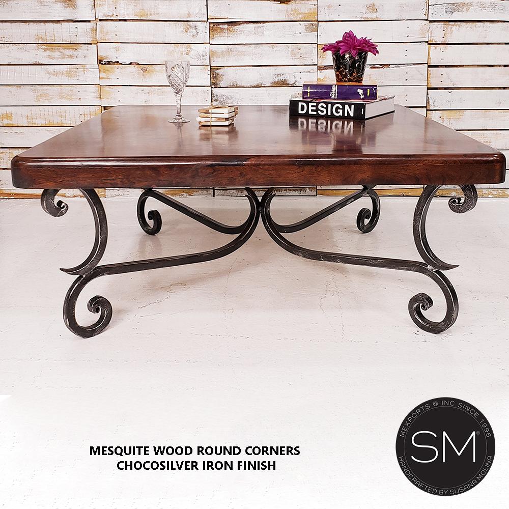 Mexports by Susana Molina 1215AM 48" Mesquite Wood Top Live Edge Hammer Copper Inlay High End Square Coffee Table