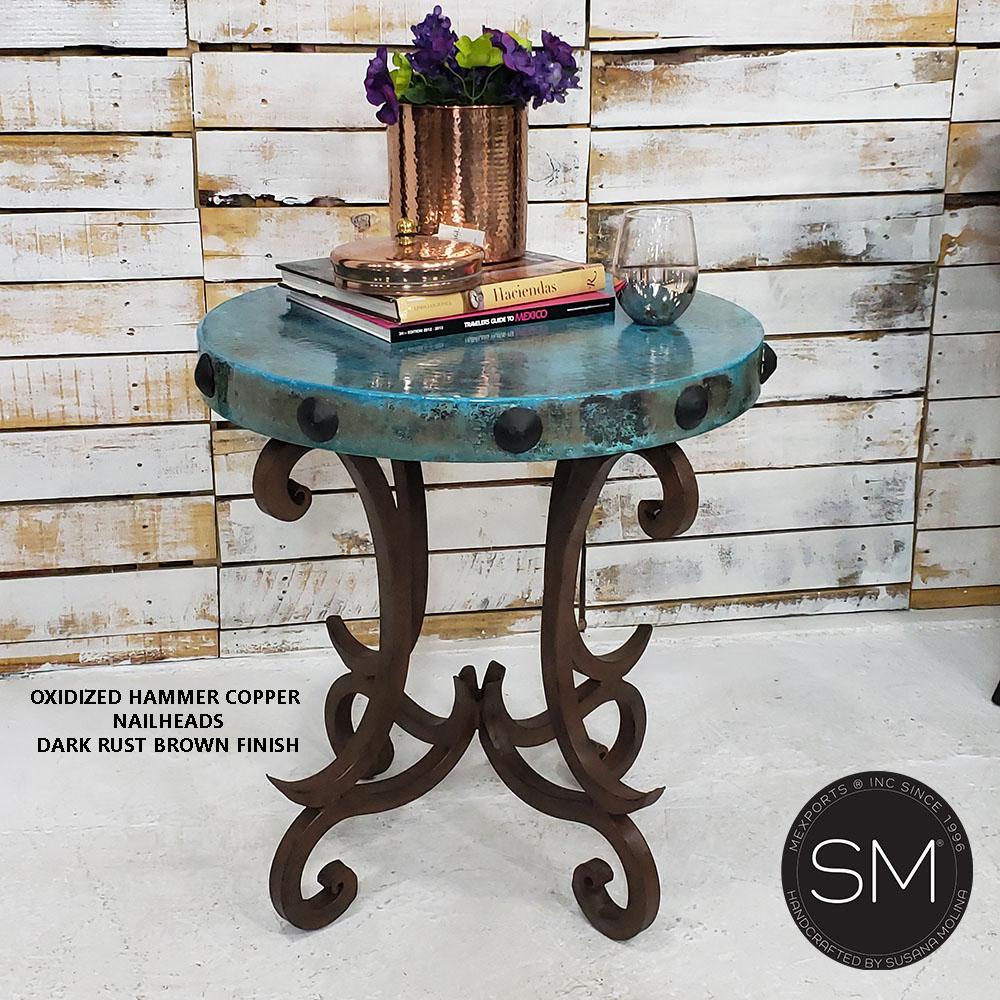Mexports by Susana Molina 1215BBC 24" Oxidized Hammered Copper Top With Nailheads on Edge Round Side Table