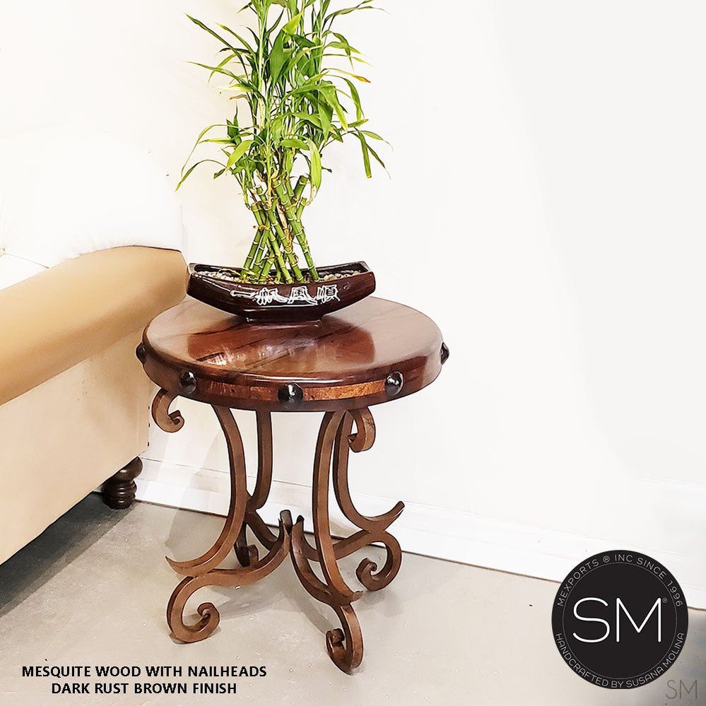 Mexports by Susana Molina 1215BBM 24" Mesquite Wood Turquoise Inlay With Nailheads on Edge Round Side Table