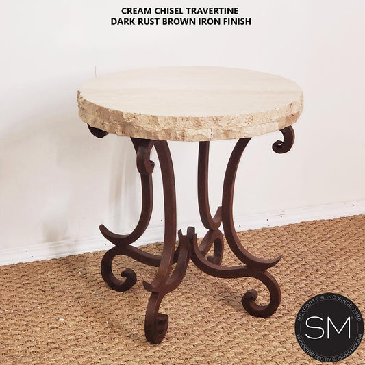 Mexports by Susana Molina 1215BBT 24" Cream Travertine Stone Chisel Edge Round Side Table