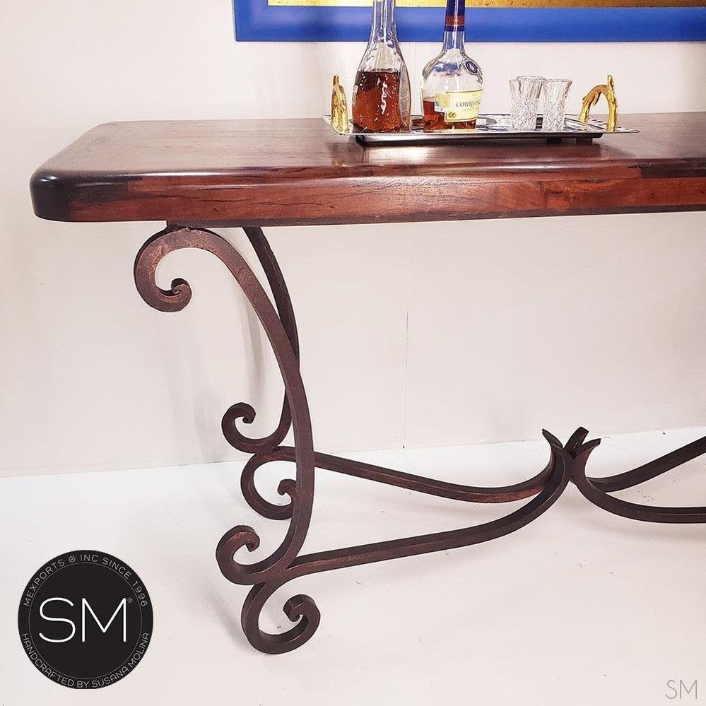 Mexports by Susana Molina 1215CM 72" Mesquite Wood Top Rounded Corners Gold Citrine Inlay Rectangular Console Table With Iron Base