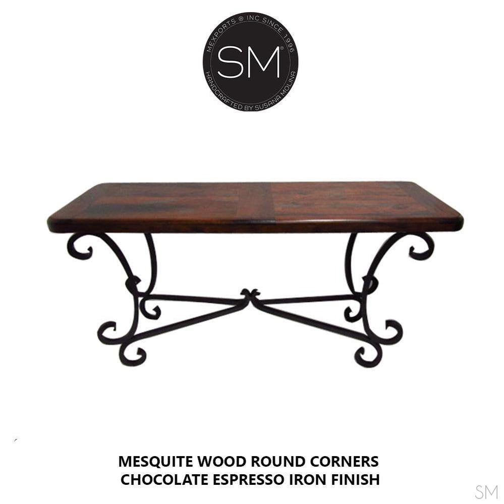 Mexports by Susana Molina 1215CM 72" Mesquite Wood Top Rounded Corners No Inlay Rectangular Console Table With Iron Base