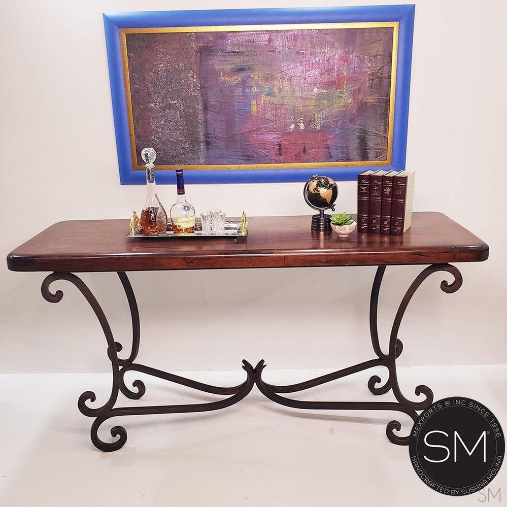 Mexports by Susana Molina 1215CM 72" Mesquite Wood Top Rounded Corners No Inlay Rectangular Console Table With Iron Base