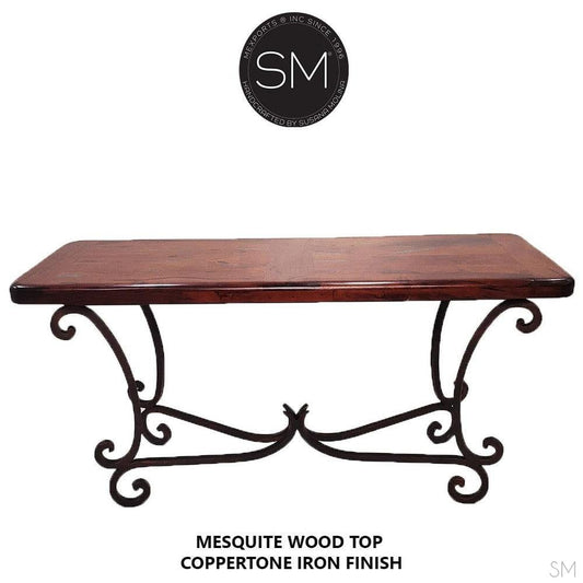 Mexports by Susana Molina 1215CM 72" Mesquite Wood Top Rounded Corners No Inlay Rectangular Console Table With Iron Base and Nailheads on Edge