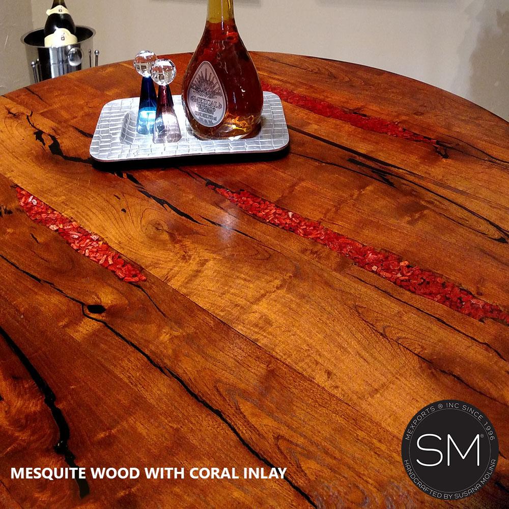 Mexports by Susana Molina 1215EM 48" Mesquite Wood Top Red Coral Inlay Round Bar Table