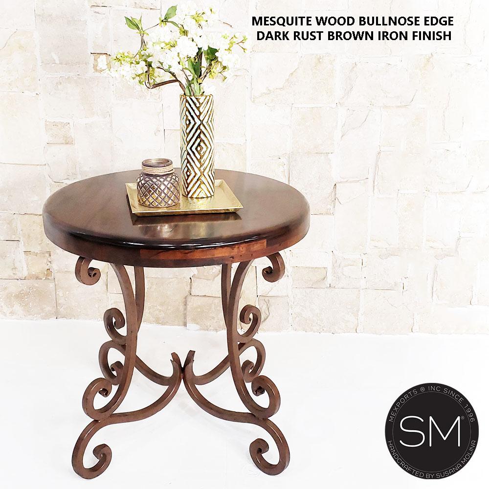 Mexports by Susana Molina 1215LM 38" Mesquite Wood Top Red Coral Inlay With Nailheads on Edge Round Side Table