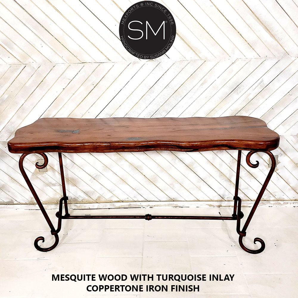 Mexports by Susana Molina 1216CM 72" Mesquite Wood Top Rounded Corners Turquoise Inlay Console Table With Wrought Iron Base and Nailheads on Edge
