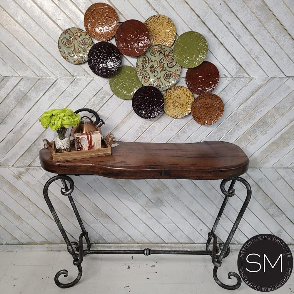 Mexports by Susana Molina 1216FM 44" Mesquite Wood Top Beveled Edge Hammer Copper Inlay Entryway Console Table