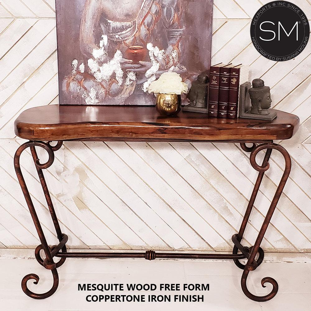 Mexports by Susana Molina 1216FM 52" Mesquite Wood Top Free Form Edge Red Coral Inlay Entryway Console Table