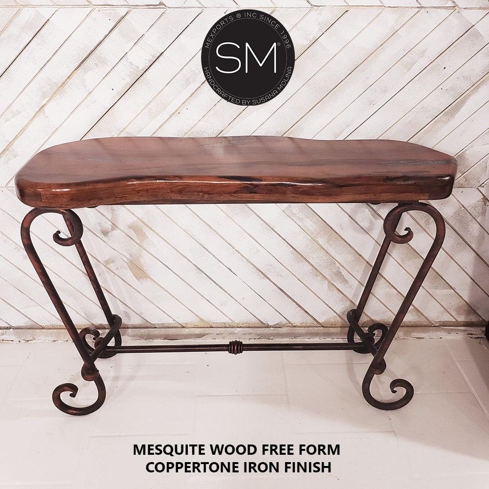 Mexports by Susana Molina 1216FM 52" Mesquite Wood Top Free Form Edge Turquoise Inlay Entryway Console Table