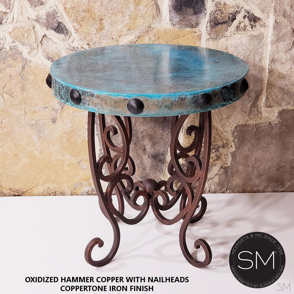 Mexports by Susana Molina 1221BBC 24" Oxidized Hammered Copper With Nailheads on Edge Round Side Table