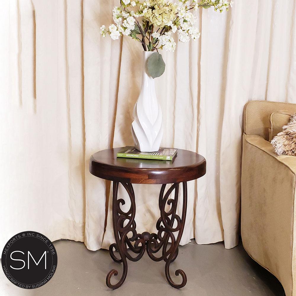 Mexports by Susana Molina 1221BBM 24" Mesquite Wood Top Hammer Copper Inlay With Nailheads on Edge Round Side Table