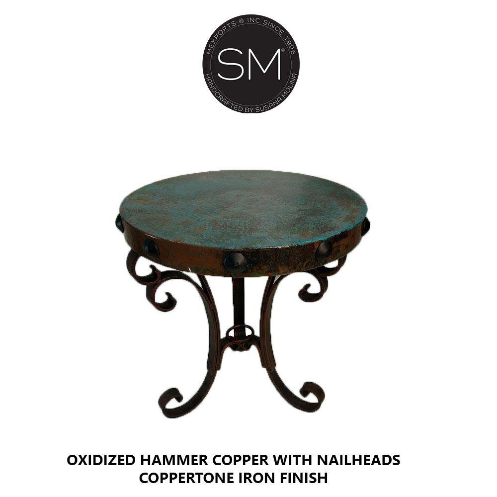 Mexports by Susana Molina 1223BBC 24" Oxidized Hammered Copper Top With Nailheads on Edge Round Side Table