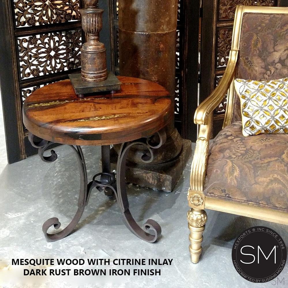 Mexports by Susana Molina 1223BBM 24" Mesquite Wood Top Gold Citrine Inlay With Nailheads on Edge Round Side Table