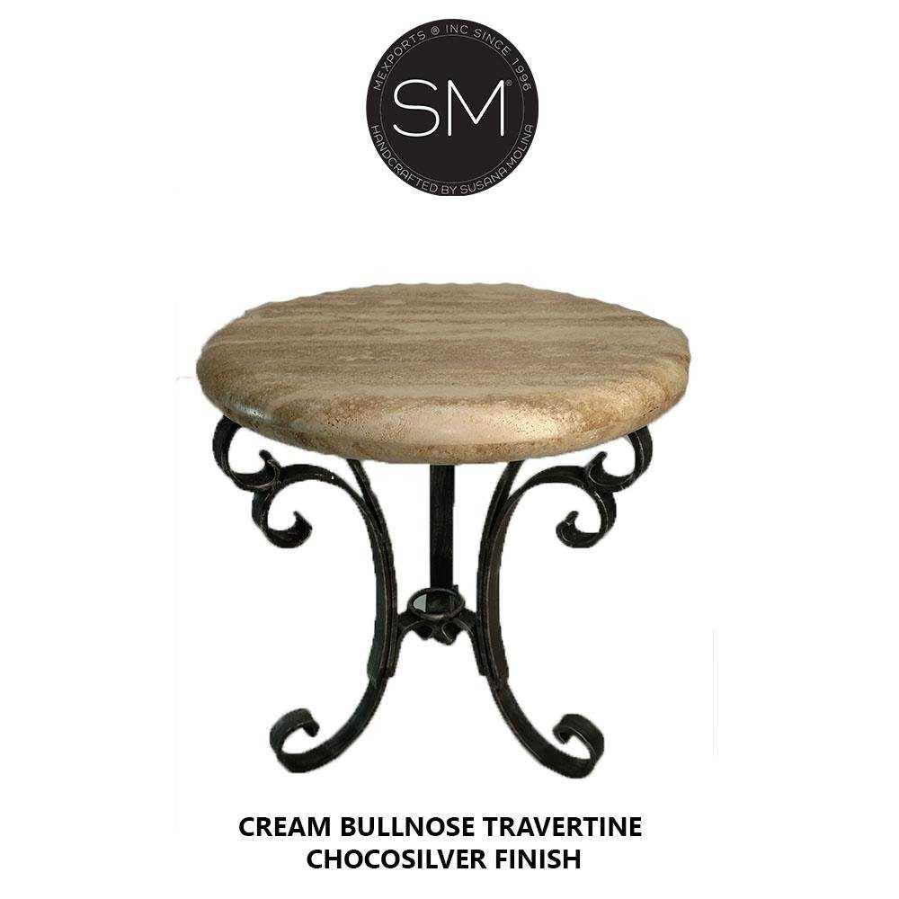 Mexports by Susana Molina 1223BBT 24" Cream Travertine Stone Bullnose Edge Round Side Table With Iron Base
