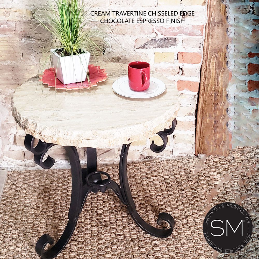 Mexports by Susana Molina 1223BBT 24" Cream Travertine Stone Chisel Edge Round Side Table With Iron Base