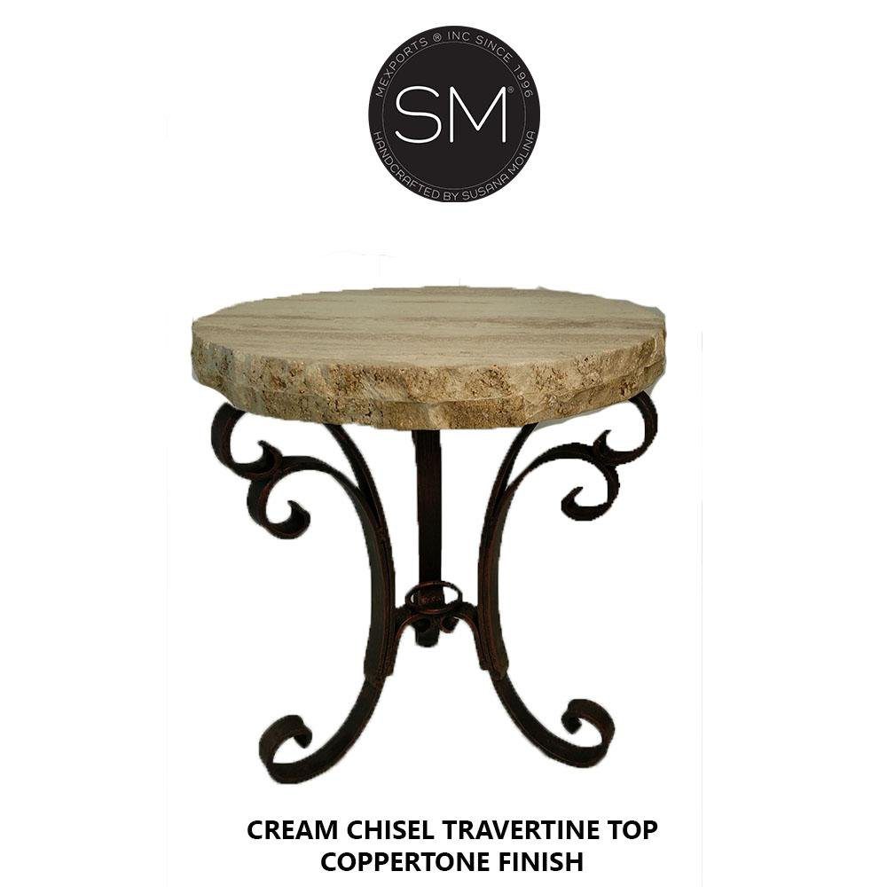 Mexports by Susana Molina 1223BBT 24" Cream Travertine Stone Chisel Edge Round Side Table With Iron Base