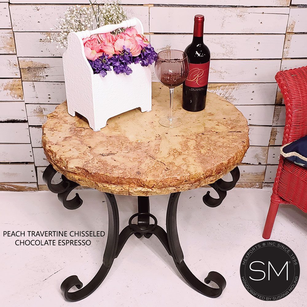 Mexports by Susana Molina 1223BBT 24" Peach Travertine Stone Chisel Edge Round Side Table With Iron Base