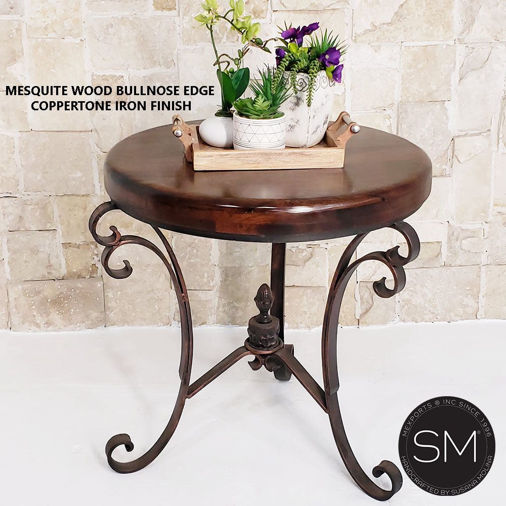 Mexports by Susana Molina 1223LM 31" Mesquite Wood No Inlay With Nailheads on Edge Round Side Table With Iron Base