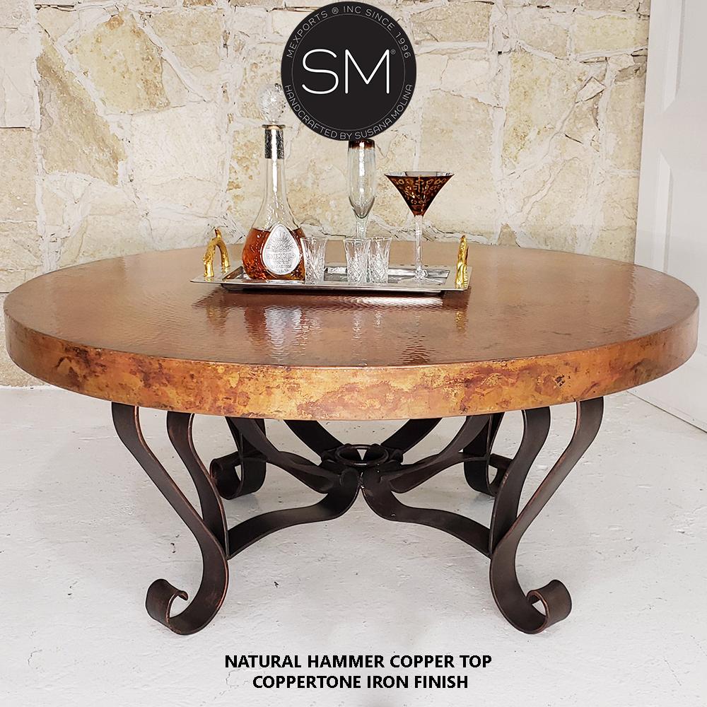 Mexports by Susana Molina 1229AAAC 38" Natural Hammered Copper Top Round Coffee Table With Wrought Iron Base