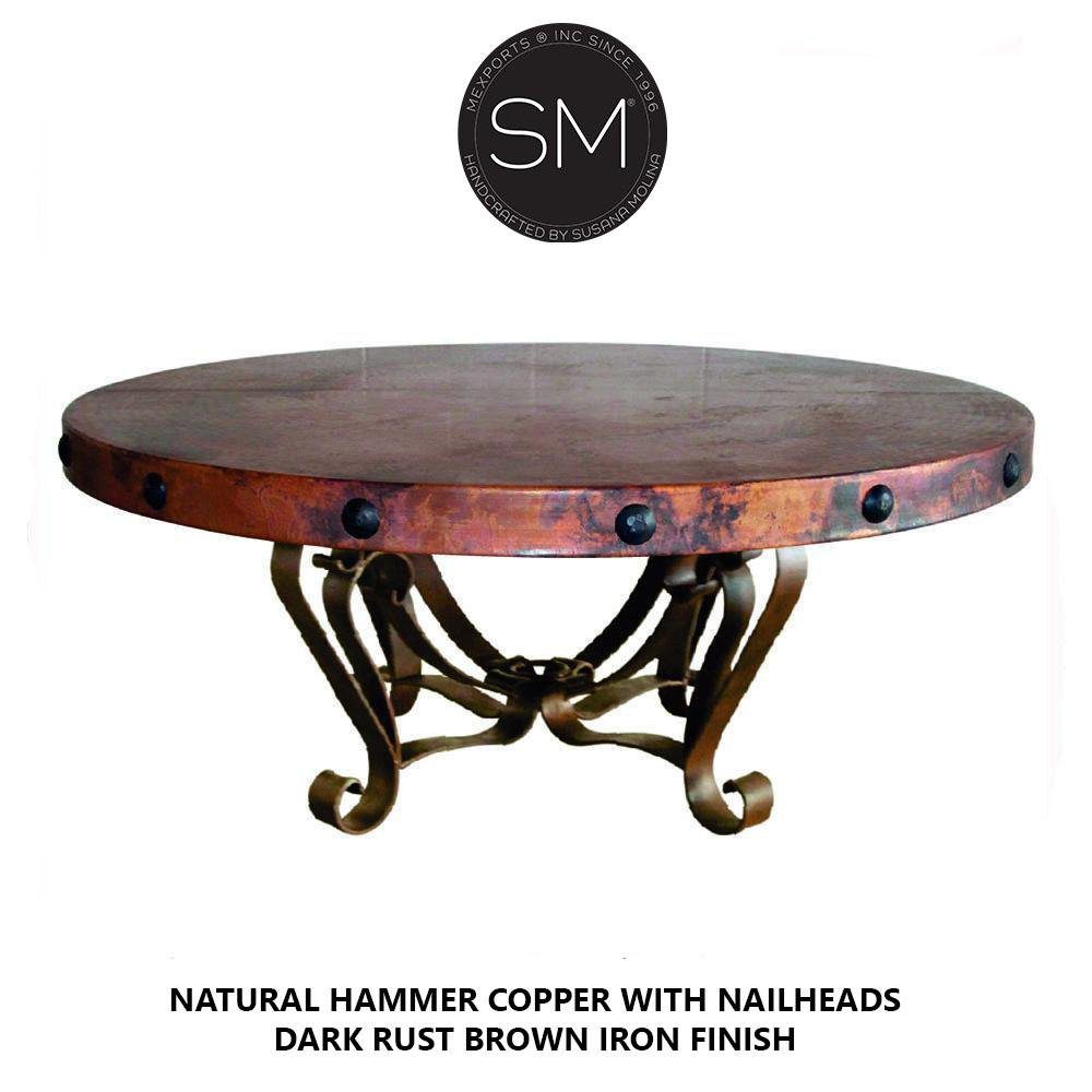 Mexports by Susana Molina 1229AAAC 38" Natural Hammered Copper Top With Nailheads on Edge Round Coffee Table With Wrought Iron Base
