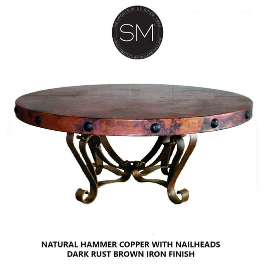 Mexports by Susana Molina 1229AAAC 38" Natural Hammered Copper Top With Nailheads on Edge Round Coffee Table With Wrought Iron Base