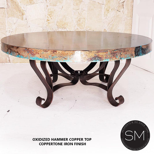 Mexports by Susana Molina 1229AAAC 38" Oxidized Hammered Copper Top Round Coffee Table With Wrought Iron Base
