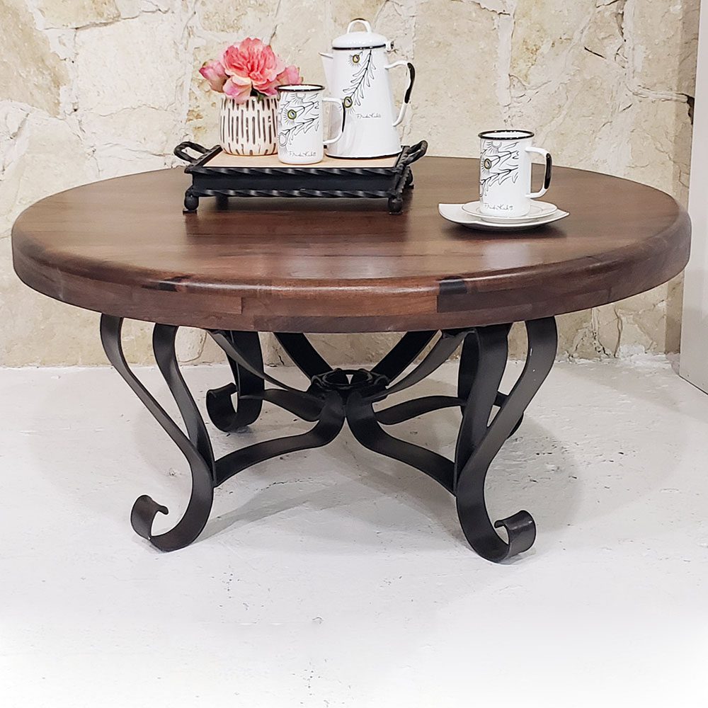 Mexports by Susana Molina 1229AAAM 38" Mesquite Wood Top Gold Citrine Inlay With Nailheads on Edge Round Coffee Table
