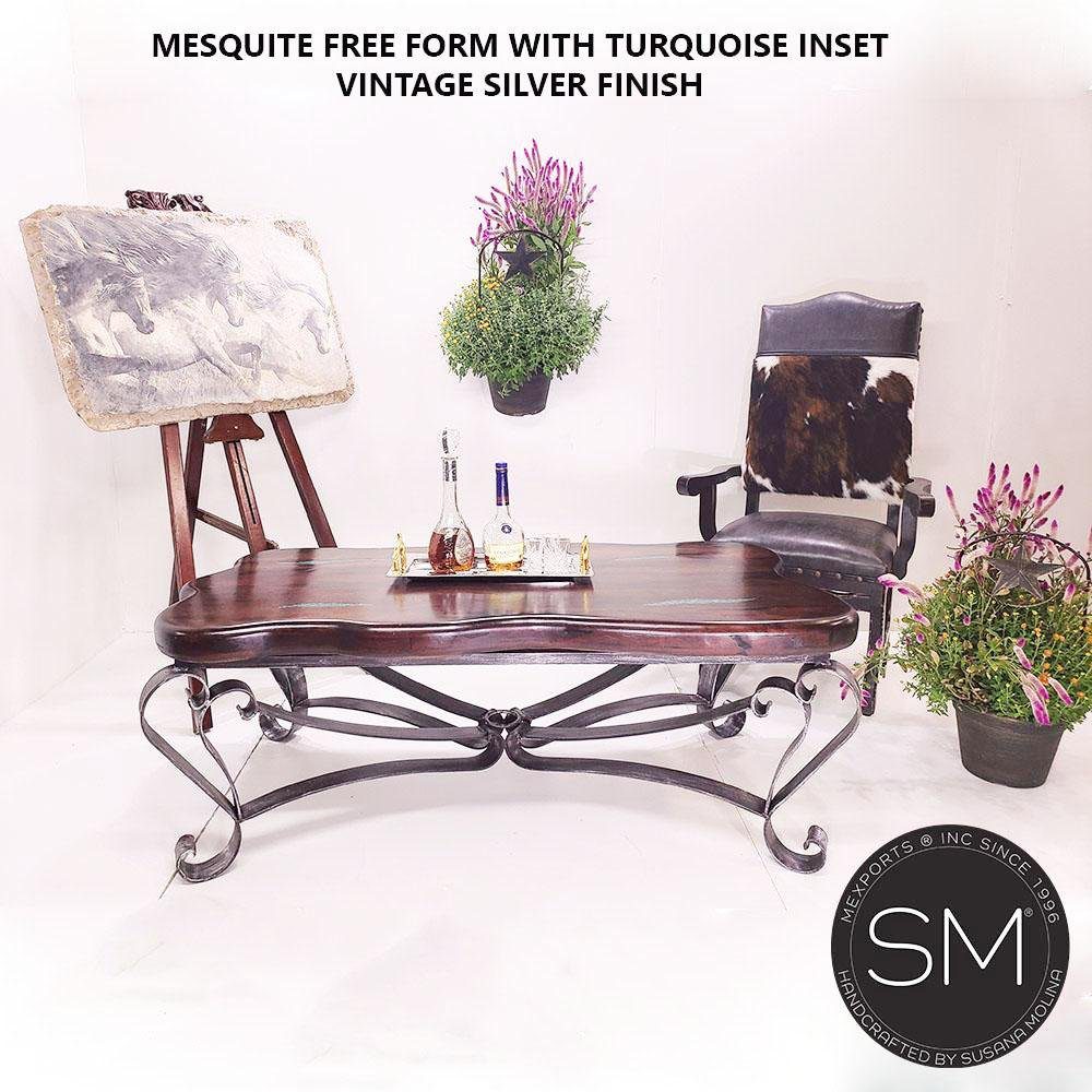 Mexports by Susana Molina 1229AAM 60" Mesquite Wood Top Free Form Edge Gold Citrine Inlay Rectangular Coffee Table