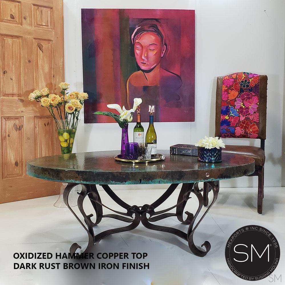 Mexports by Susana Molina 1229AAOC 60" Oxidized Hammered Copper Top Oval Coffee Table